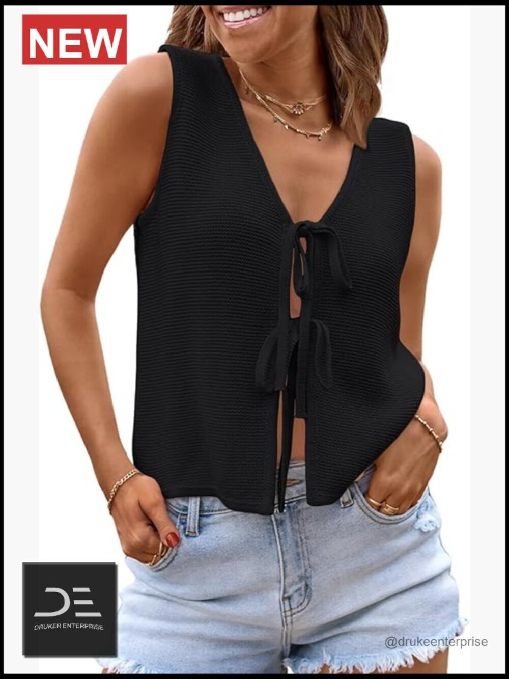 Sleeveless V-Neck Crochet Knit Tank Top Tie Front Summer Beach Vacation Vest